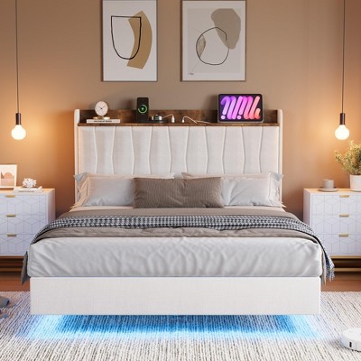 King Floating Bed Frame with LED Lights & Charging Station, Upholstered Platform Bed with Storage Headboard
