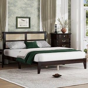 BABYYER Full Size Bed Frame with Rattan Headboard, Boho Platform Bed with Storage Underneath and Enhanced Support Slats and Feet - 1 of 4