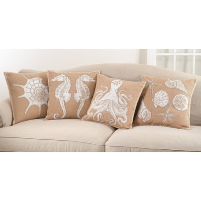 20" Beige Jute Square Throw Pillow with Seashell Design