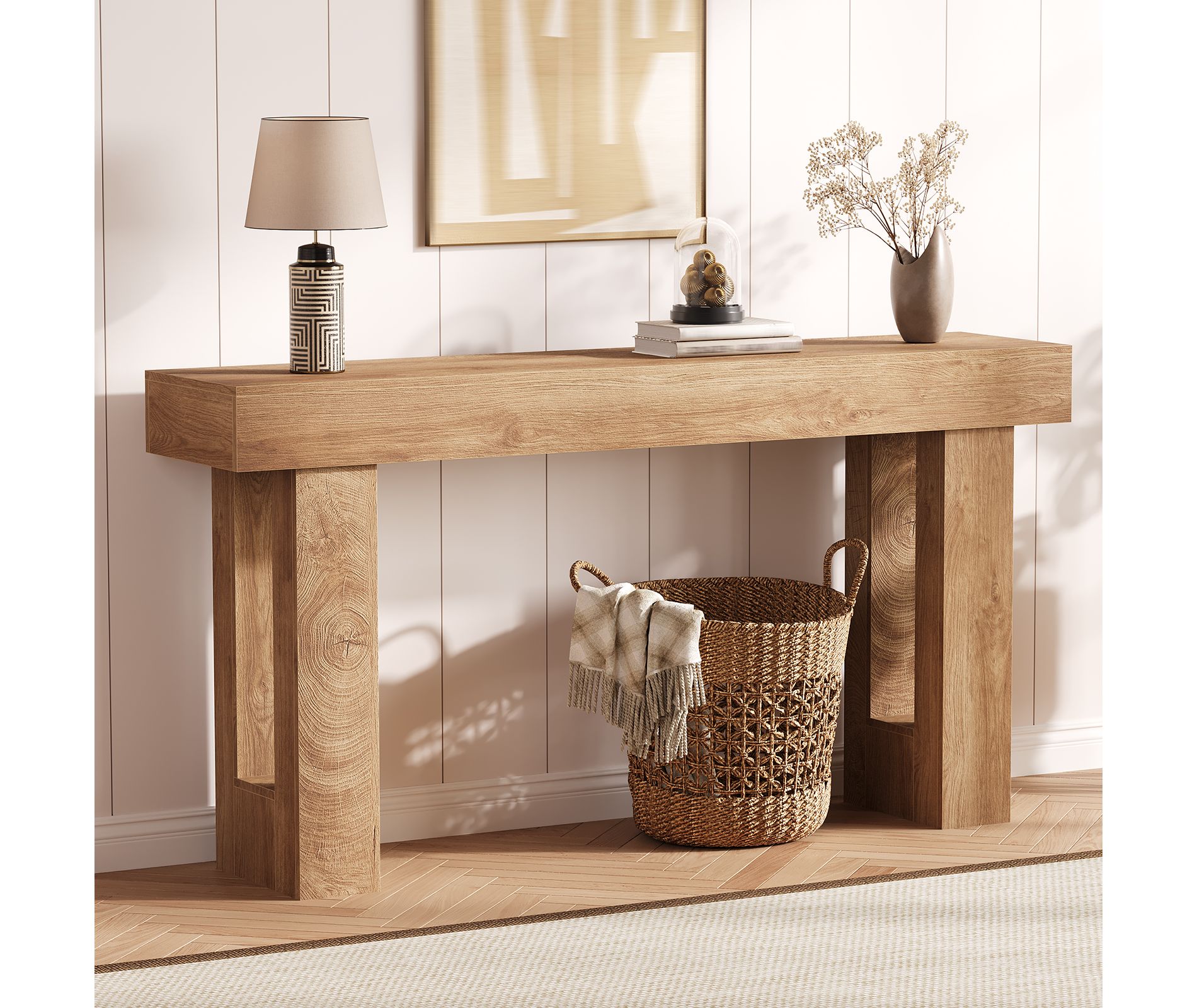 63-Inch Long Console Table, Sofa Table Behind The Couch, Farmhouse Wooden Rectangular Entryway Table for Entrance, Hallway, Living Room- Natural