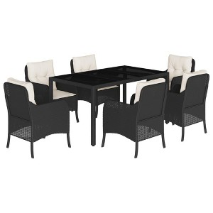 vidaXL 7 Piece Patio Dining Set - Black Poly Rattan/Garden Furniture/Outdoor Dining with Cushions & Glass Tabletop - 1 of 4