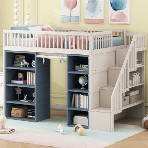 Full Size Loft Bed with 2 Four-layer Storage Cabinets and Curtain - 1 of 4