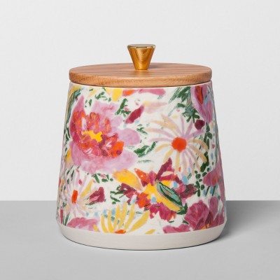 Floral Stoneware Canister with Wood Lid M Pink - Opalhouse™