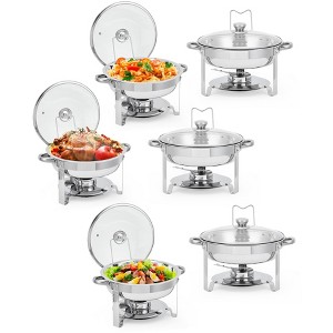 2/4/6-Pack 5QT Round Chafing Dish Set with Glass Lid & Drip Tray - Stainless Steel Buffet Warmers for Catering, Weddings, Banquets (Silver) - 1 of 4