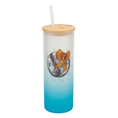 Elanze Designs 25 Ounce Frosted Glass Gradient Travel Tumbler With Straw and Wooden Lid, Baseball With Orange Bow Sky Blue