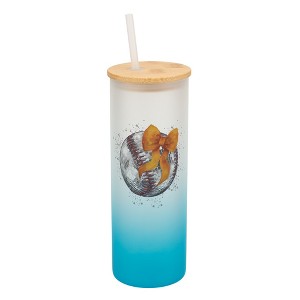 Elanze Designs 25 Ounce Frosted Glass Gradient Travel Tumbler With Straw and Wooden Lid, Baseball With Orange Bow Sky Blue - 1 of 1
