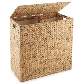 Casafield 2-Section Laundry Hamper with Lid and Removable Liner Bags, Woven Water Hyacinth Laundry Basket Sorter for Clothes