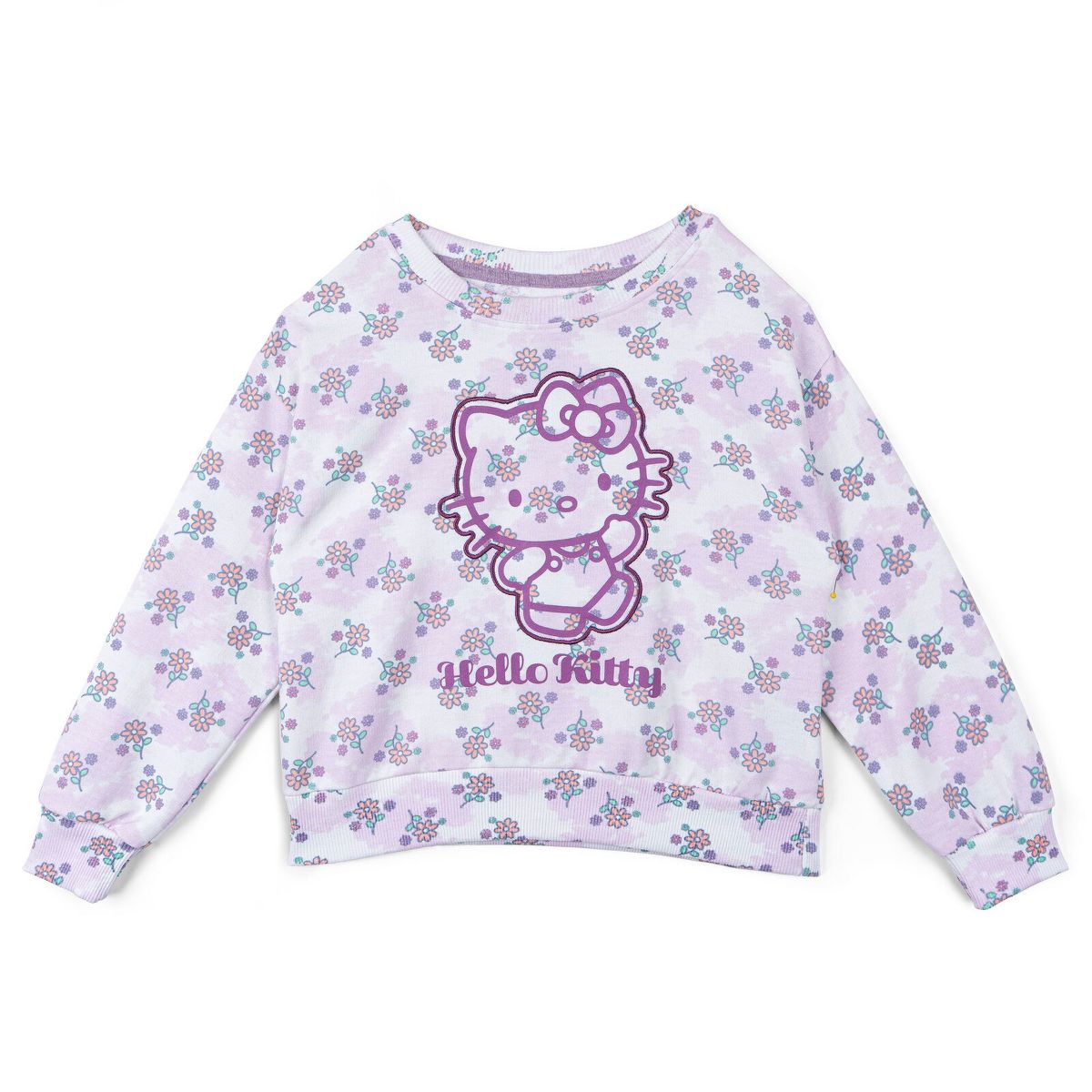 Hello Kitty Girls French Terry Drop Shoulder Pullover Sweatshirt, Ribbed T-Shirt and Shorts 3 Piece Outfit Set Little Kid to Big Kid - thumbnail 3