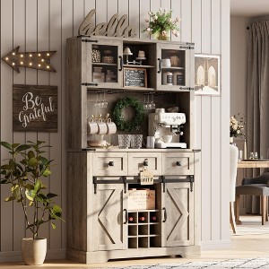 72" Farmhouse Bar Cabinet with Hutch, Coffee Bar with Sliding Barn Doors, Wine Racks, Glass Holders, 4 Doors, 3 Drawers, Storage Shelves, Washed Grey - 1 of 4