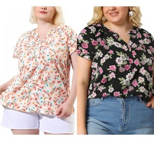 Women's Plus Size 2 Pieces Floral Ruffle Trim Layered Sleeve Notched Neck Button Layered Sleeve Blouses - Agnes Orinda - 1 of 4