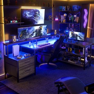 Besiost 66"-73" Reversible L-Shaped Desk with Charging Station, Home Office Computer Desk with LED Lights & Drawers - 1 of 4