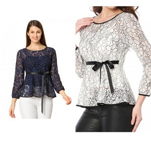 INSPIRE CHIC Women's 2 Packs Semi-Sheer Elegant Tie Waist Long Sleeve Floral Lace Peplum Blouses Green X-Large - 1 of 4