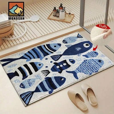 Chery Life Blue Striped Fish Pattern Bath Mat, Machine Washable, 35x24"
