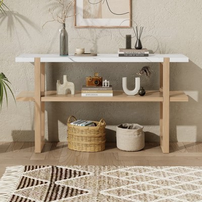 LOVMOR Retro Elegant Console Table, with Marble-Effect Top and Versatile Storage Solutions, for Entryway, Living Room - Natural
