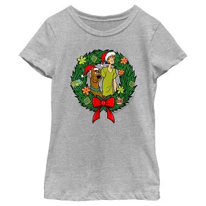 Girl's Scooby Doo Christmas Shaggy and Scooby Wreath T-Shirt - 1 of 4