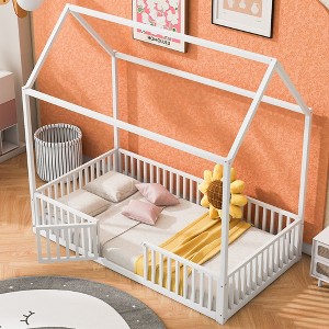KIGFTSOD Metal House Bed with Fence and Door - 1 of 4