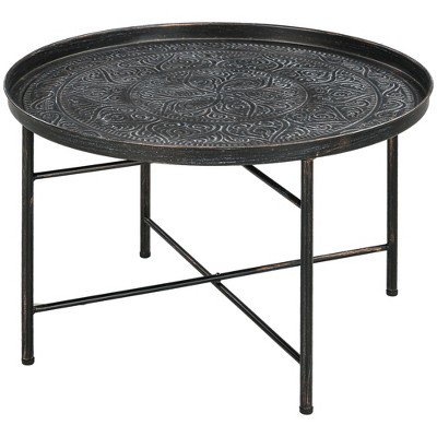 Pewter Round Metal Coffee Table with Hammered Tray Top