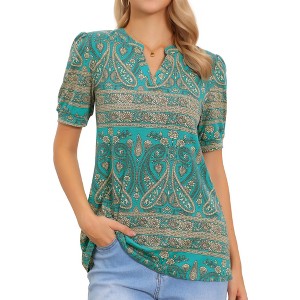 INSPIRE CHIC Women's Summer Floral Printed Short Sleeve Casual V Neck Tunic Shirts - 1 of 4