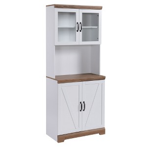 HOMCOM 69" Farmhouse Kitchen Buffet with Hutch, Kitchen Cupboard Storage Cabinet with Glass Doors, Adjustable Shelves, Open Microwave Countertop White - 1 of 4