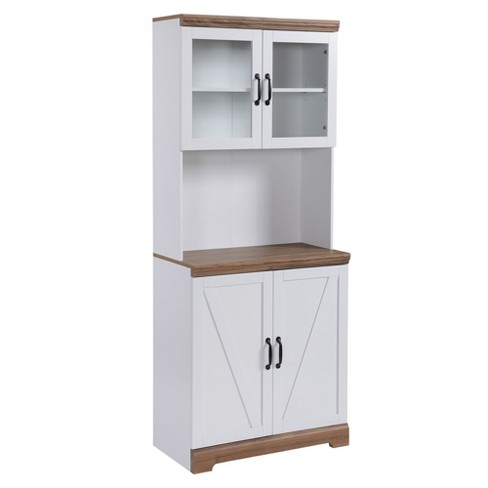 Angeles Home 69 1/4 in. H White Kitchen Pantry Dining Hutch Storage Cabinet with Microwave Stand and Adjustable Open Shelves