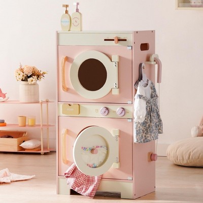 ROBOTIME Play Food And Toy Kitchens Kids Washer And Dryer Playset, Wooden Laundry Pretend Play Set for Girls, Pink, 11.2"*16.14"*31.49"
