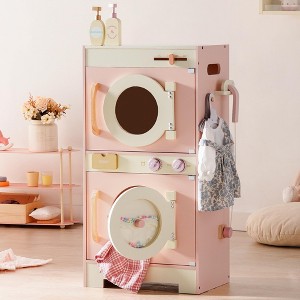 ROBOTIME Play Food And Toy Kitchens Kids Washer And Dryer Playset, Wooden Laundry Pretend Play Set for Girls, Pink, 11.2"*16.14"*31.49" - 1 of 4