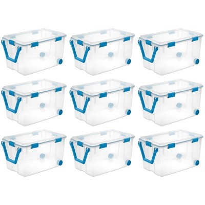 Sterilite 19434303 120 Quart Clear Plastic Storage Container Box and Lid with Blue Latches and Wheels (9 Pack)