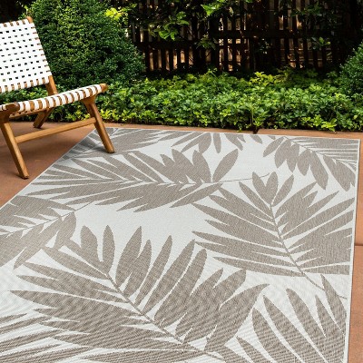 Beige Synthetic Floral Rectangular Reversible Indoor/Outdoor Rug 5' x 7'