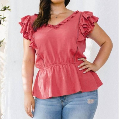 Women's Ruffle Sleeveless V-neckline Woven Top - Plus - Hayden LA