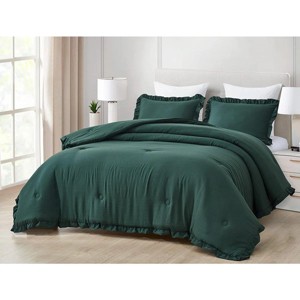 Evo Bytes Washed Microfiber Ruffled Comforter Set Soft Lightweight Bedding-Queen Comforter&2 Standard Shams-Green - 1 of 4