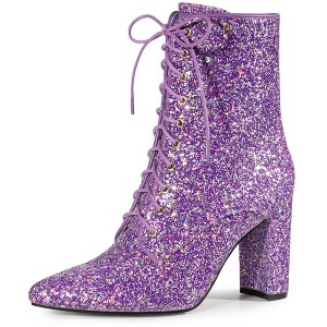 Allegra K Women's Glitter Lace-Up Pointed Toe Block Heel Ankle Boots - 1 of 4