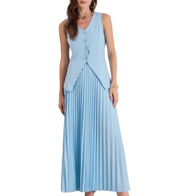 INSPIRE CHIC Women's Summer Outfits V Neck Sleeveless Button Vest Maxi Pleated Skirts Set 2 Pieces
