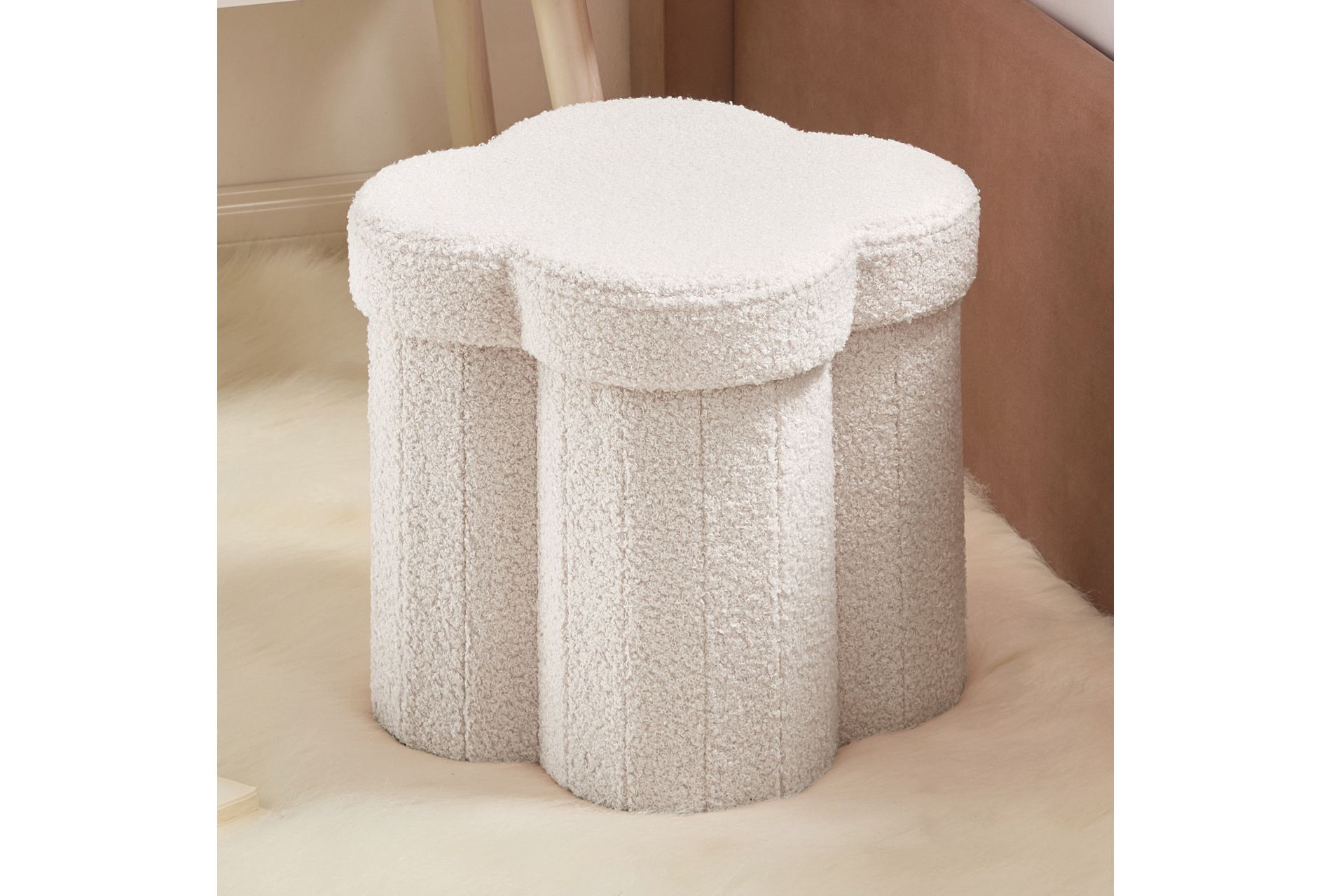 Ornavo Home White Boucle Flower 12" Storage Ottoman - Footstool - Perfect for Dorm, Living Room and Bedroom