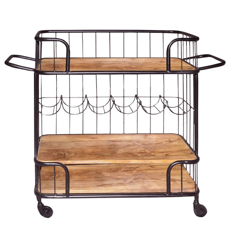 2 Shelves and Metal Frame Bar Cart with Wooden Top Black/Brown - The Urban Port, 3 of 8