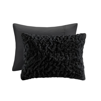 King Black Ruched Faux Fur Comforter Set