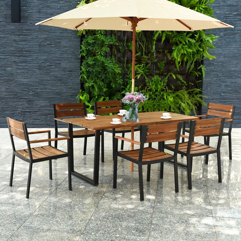 Costway 7PCS Patented Patio Dining Chair Table Set Acacia Wood Backyard W/Umbrella Hole, 1 of 11