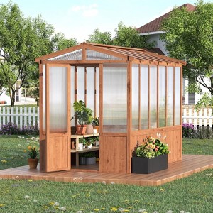 Wooden Greenhouse for Outdoors, Cedar Frame Polycarbonate Walk-In Greenhouse with Roof Vent, Durable Wood Greenhouse for Garden or Backyard - 1 of 4