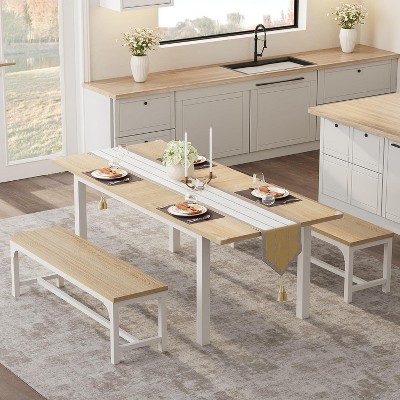 5-Piece Extendable Dining Table Set for 4-8 People with 2 Benches and 2 Square Stools – Mid-Century Kitchen Table