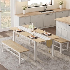 5-Piece Extendable Dining Table Set for 4-8 People with 2 Benches and 2 Square Stools – Mid-Century Kitchen Table - 1 of 4