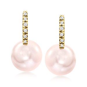 Ross-Simons 8-8.5mm Pink Cultured Pearl Huggie Hoop Drop Earrings With Diamond Accents in 14kt Yellow Gold - 1 of 4