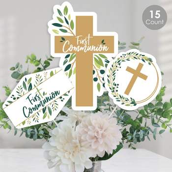Big Dot of Happiness First Communion Elegant Cross - Religious Party Centerpiece Sticks - Table Toppers - Set of 15