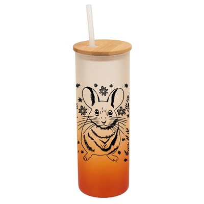 Elanze Designs Charming Springtime Mouse Orange Frosted Gradient Glass Tumbler with Bamboo Lid & Straw 25 ounce Reusable Iced Coffee or Water Cup,