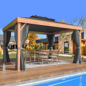 Erommy 10' x 13' Hardtop Gazebo Metal Gazebo with Wood Grain Aluminum Frame, Galvanized Steel Double Roof with Netting and Curtains for Backyard - 1 of 3