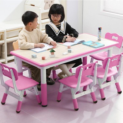 Kids Table and Chairs Set, Height Adjustable Desk with 6 Chiairs, Arts Crafts Table, Children Activity Table for Classrooms, Daycares, Home