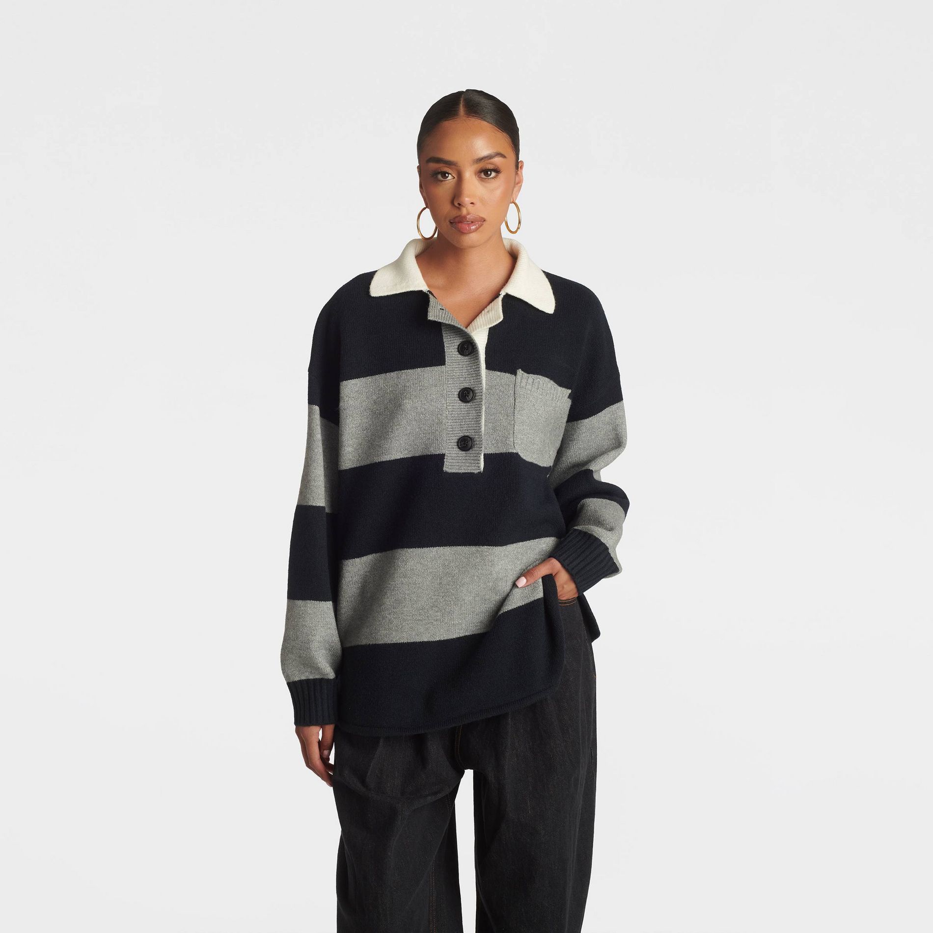 KBB by KAHLANA Women's Long Sleeve 'The Crys Rugby Shirt' - Gray/Navy Blue Striped L