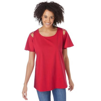 Woman Within Women's Plus Size Lattice-Detail Cold-Shoulder Tee