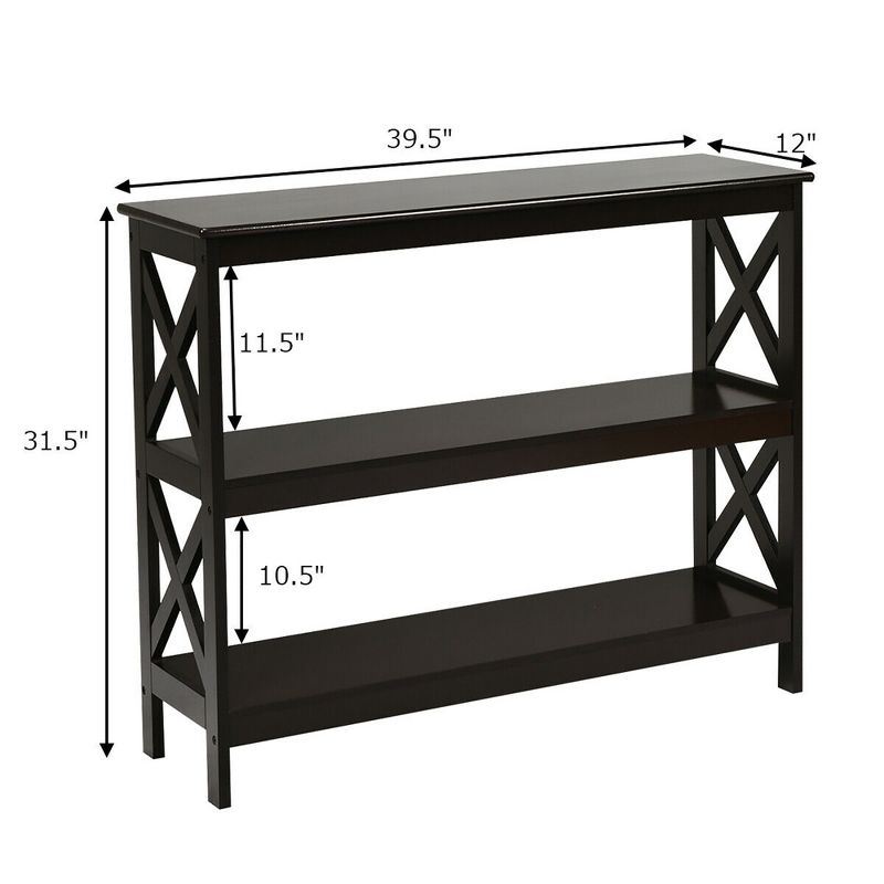 Costway 3-Tier Console Table x-Design Bookshelf Sofa Side Accent Table w/Shelf Espresso\Black, 3 of 11