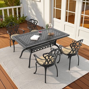 (5-PC)Premium Black Cast Aluminum Patio Set - Weather-Resistant Outdoor Table & Chairs with Beige Cushions - 1 of 4