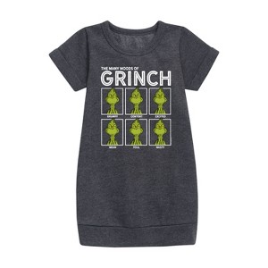 - Dr. Seuss - The Many Moods Of Grinch Graphic Short Sleeve Fleece Dress - 1 of 4