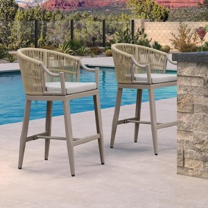 PURPLE LEAF Outdoor Bar Stools Set of 2 Patio Wicker Modern High Bar Chairs Metal Cushioned Barstools with Backs and Ergonomic Armrest - 1 of 1